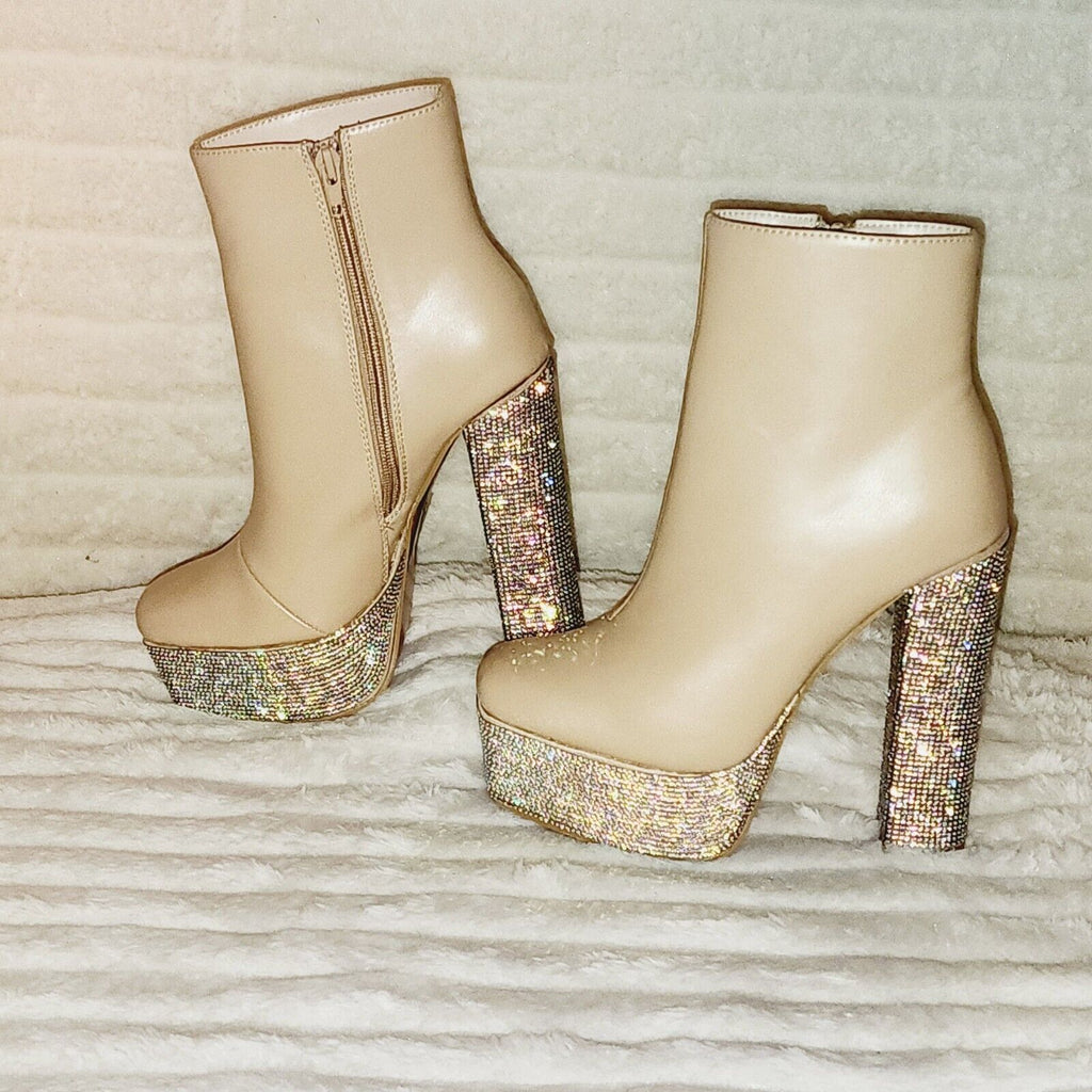 Nikki Cream Leatherette Rhinestone Platform Chunky Heel Ankle Boots - Totally Wicked Footwear