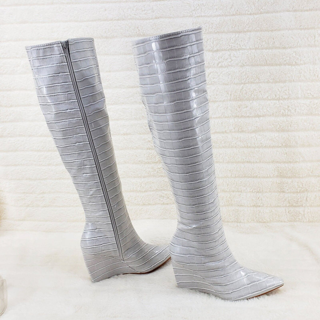 Ice White / Grey Reptile Texture Knee High Wedge Heel Boots Lexis - Totally Wicked Footwear