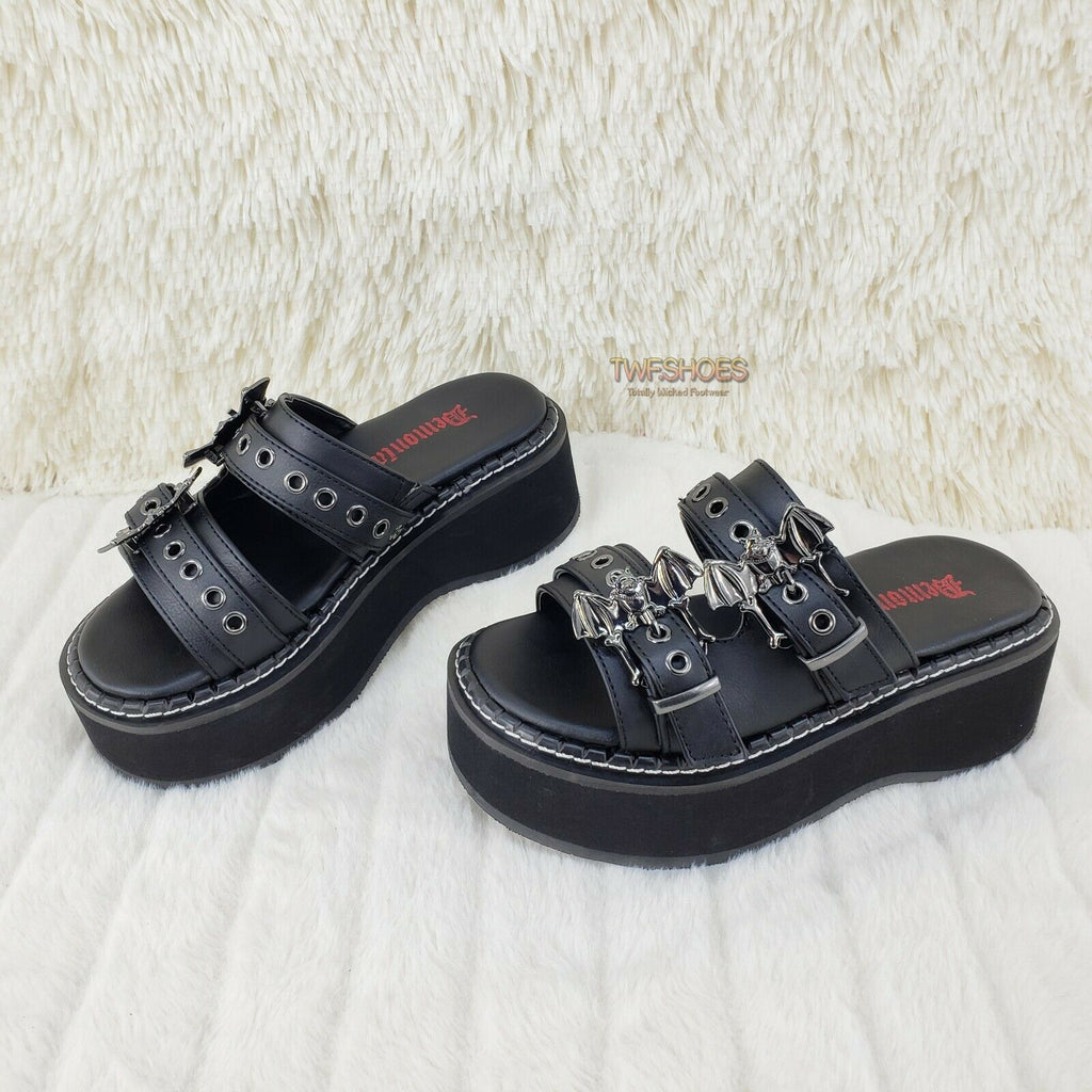 Emily 100 Black 2" Platform Bat Buckle Slip On Sandals Shoes 6-12 NY Restocked - Totally Wicked Footwear