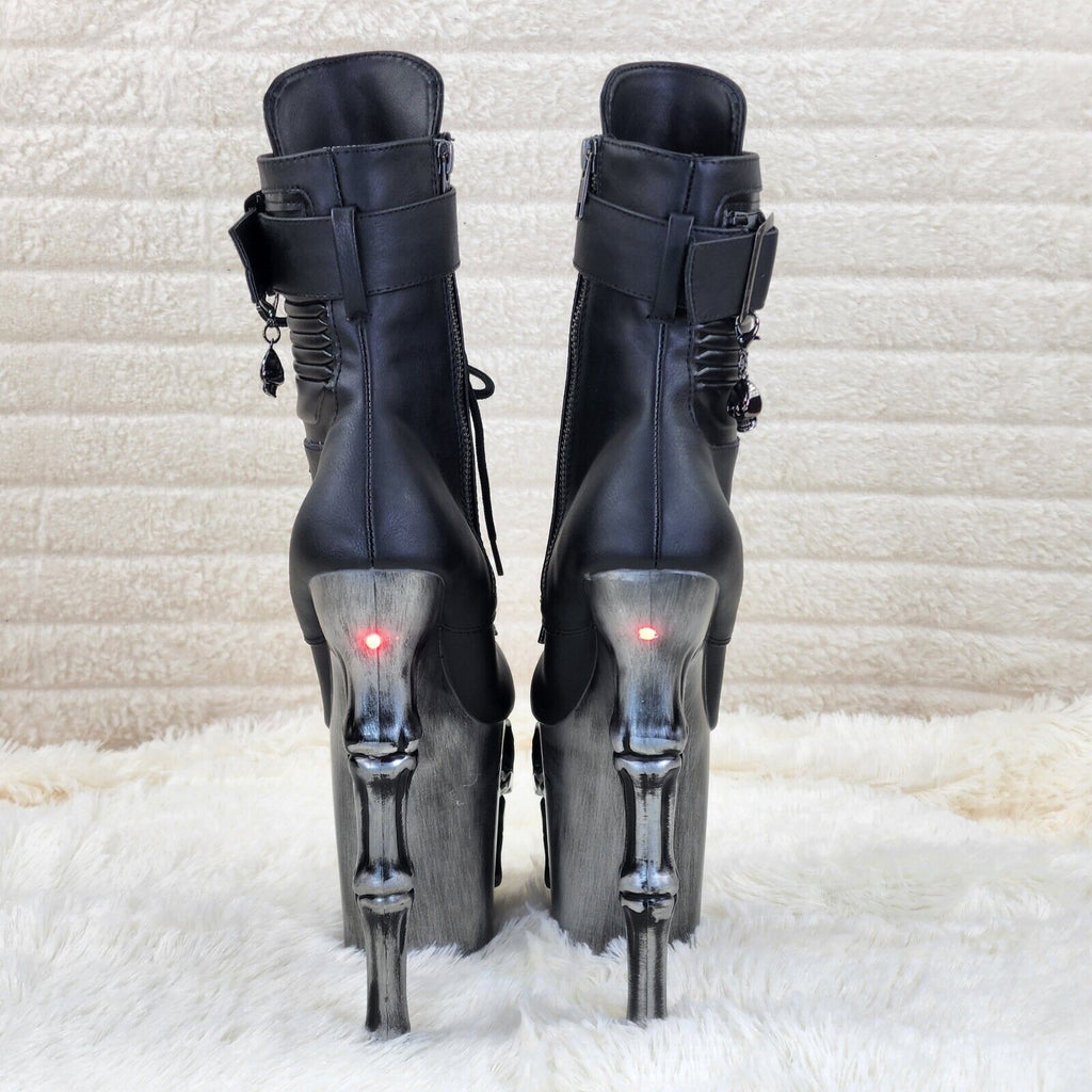 Rapture Brushed Skull & Bones 8" High Heel Platform Ankle Boots Lighted Eyes NY - Totally Wicked Footwear