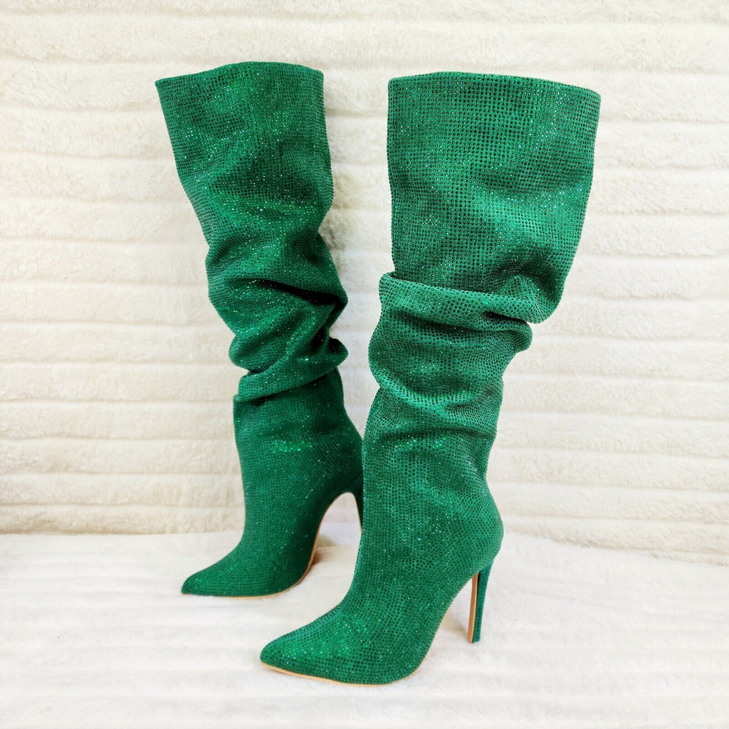 Radiant Emerald Green Rhinestone High Heel Slouch Knee High Boots - Totally Wicked Footwear