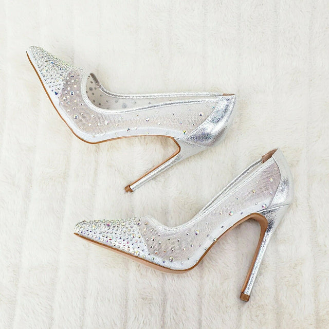 Krayzie Silver Mesh Jeweled 4.5" High Heel Stiletto Shoes Pointy Toe Pumps 6-10 - Totally Wicked Footwear