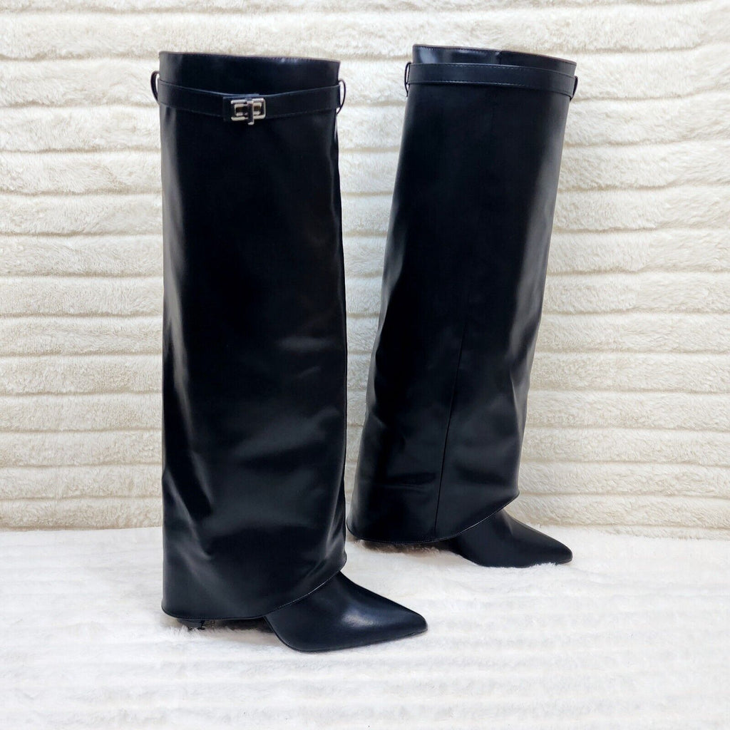 Paris Black Skirted Fold Over 3.5" Block Heel Knee High Boots - Totally Wicked Footwear