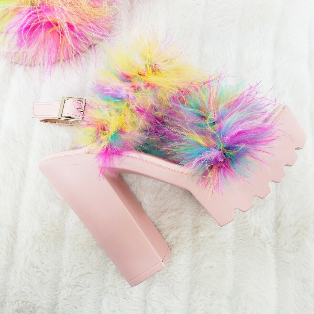 Top Rate Marabou Double Strap Chunky High Heels Platform Sandal Shoes Multicolor - Totally Wicked Footwear
