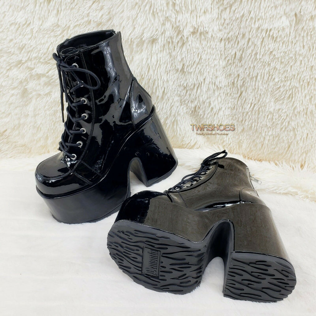Demonia 203 Camel Stacked Black Patent Platform Goth Punk Ankle Boots RESTOCK NY - Totally Wicked Footwear