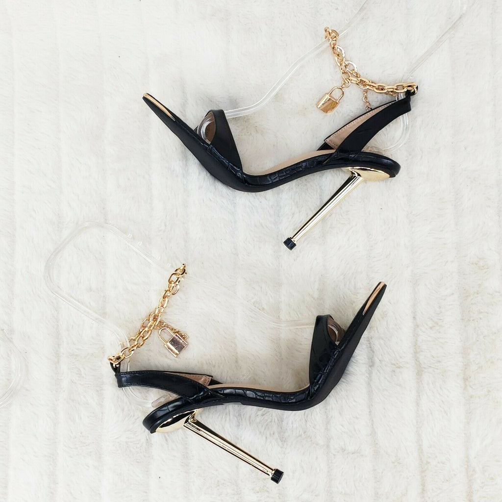 Nicely Pad Lock Chain Strap High Heels Metal Toe Tip Shoes Black - Totally Wicked Footwear