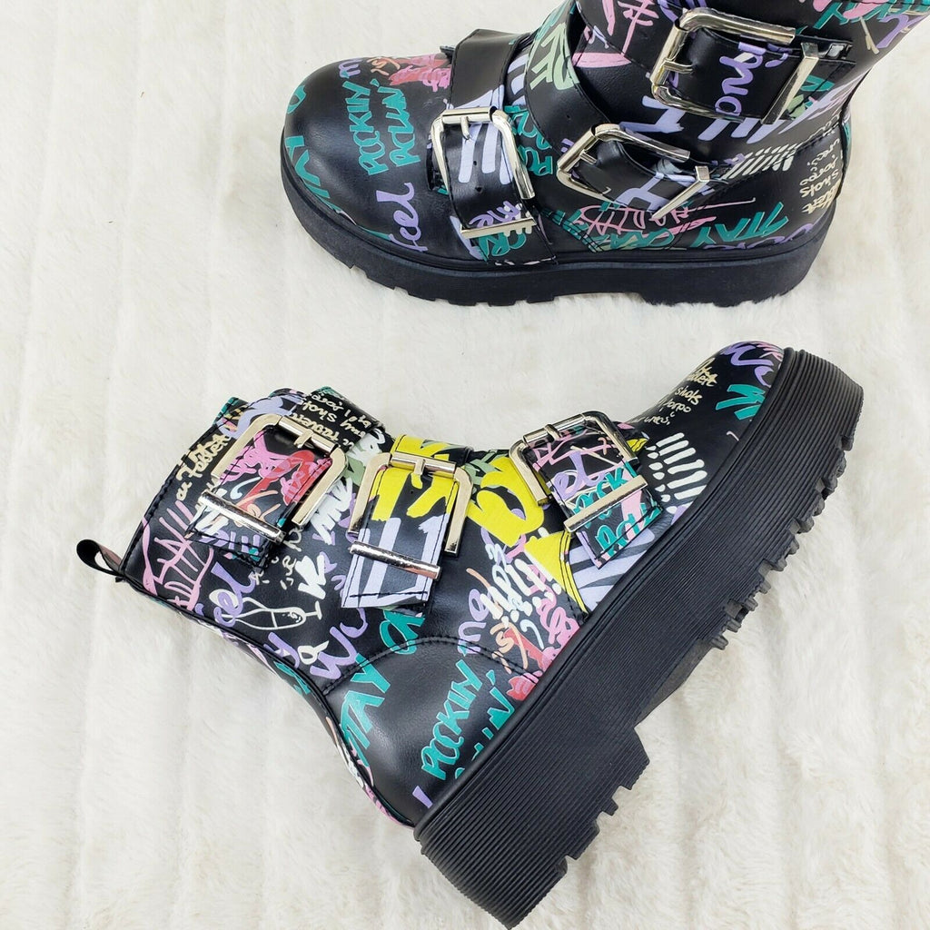Graffiti Print Platform Combat Rave Festival Ankle Boots - Totally Wicked Footwear