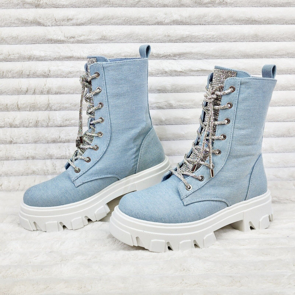 Rowan Denim Combat Ankle Boots Iridescent Rhinestone Tongue and Rope Laces - Totally Wicked Footwear