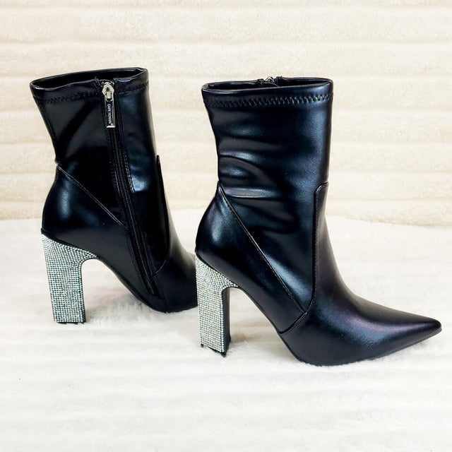 Regal Black Stretch Leatherette Rhinestone Heel Ankle Boots - Totally Wicked Footwear