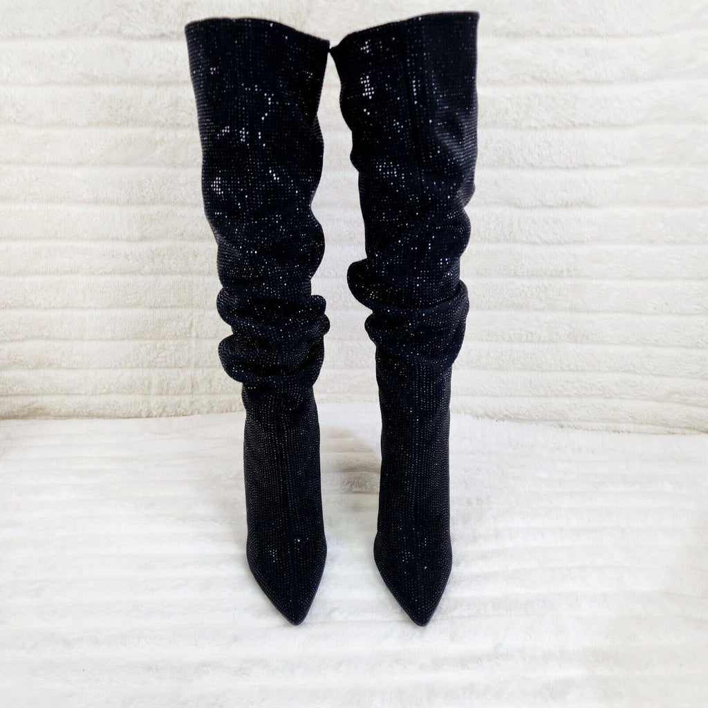 Radiant Black Rhinestone High Heel Stiletto Slouch Knee High Boots - Totally Wicked Footwear