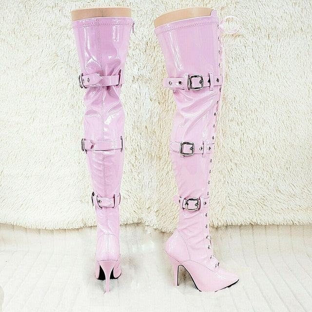 Seduce 3028 Baby Pink Lace Up Thigh High Boots 5" Stiletto Heel US Sizes NY - Totally Wicked Footwear