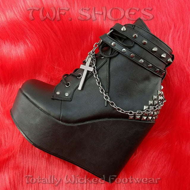 Poison 101 Charm Chain 5" Wedge Heel Goth Ankle Boots US Women Sizes 6-12 NY - Totally Wicked Footwear