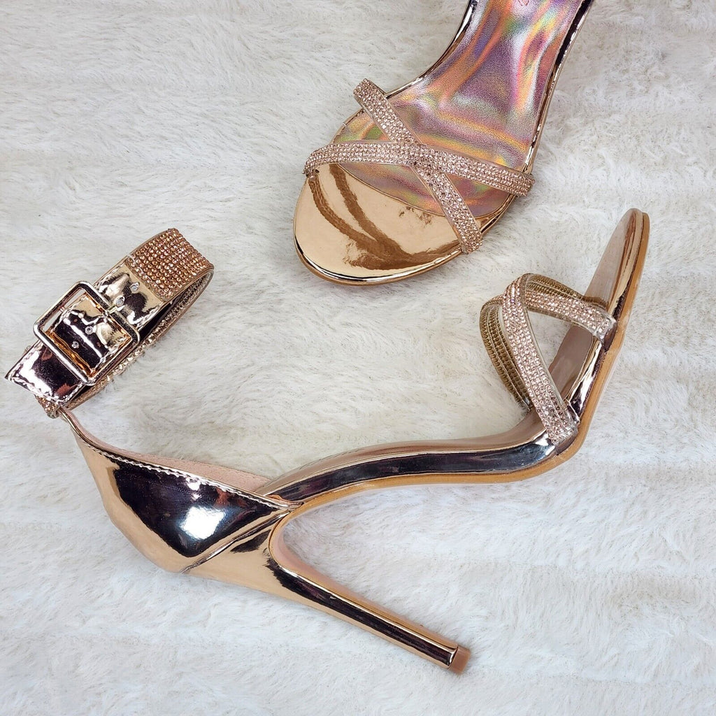 Fairy Gold High Heel Stiletto Shoes With Rhinestone Toe & Ankle Straps - Totally Wicked Footwear