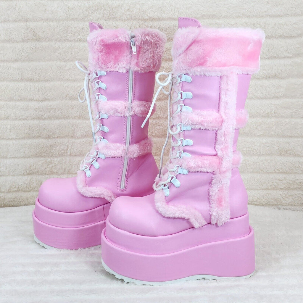 Bear 202 Pink Faux Fur / V Leather Platform Goth Punk Calf Boots NY Stomper - Totally Wicked Footwear