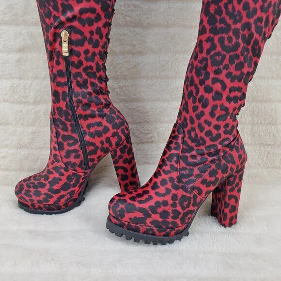 Fever Red Leopard Stretch Lace Up Back OTK Chunky Heel Boots Lug Sole - Totally Wicked Footwear