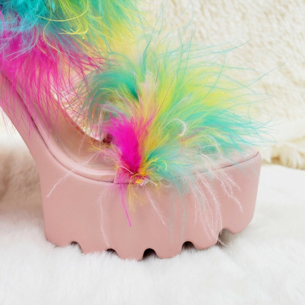 Top Rate Marabou Double Strap Chunky High Heels Platform Sandal Shoes Multicolor - Totally Wicked Footwear