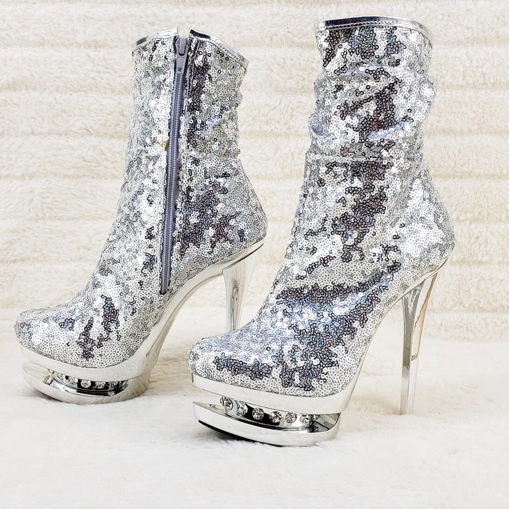 Blondie 1009 Silver Sequin Slouchy High Heel Platform Ankle Boots US Sizes NY - Totally Wicked Footwear