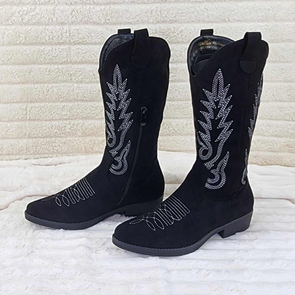 Bella Western Mid-calf Cowboy Cowgirl Boots Tan Low 1.5" Heels Black Faux Suede - Totally Wicked Footwear