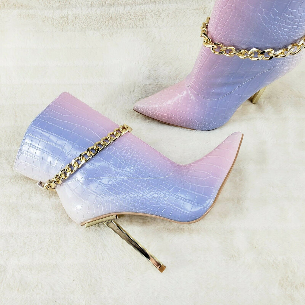 Venomous Pink Lilac Pointy Toe Spike Stiletto Heel Ankle Boots Gold Tone Chain - Totally Wicked Footwear