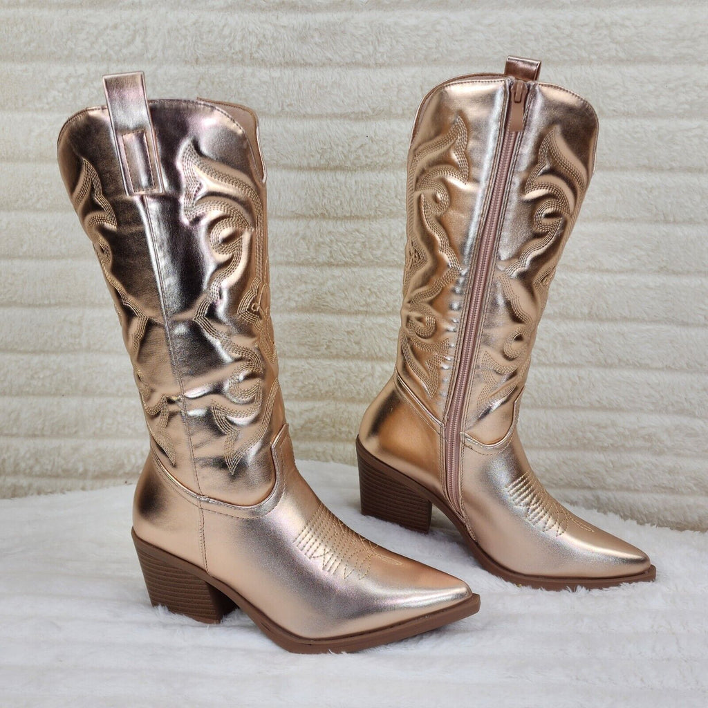 Disco Cowgirl Metallic Rose Gold Cowboy Knee Boots Western Block Heels US Sizes - Totally Wicked Footwear