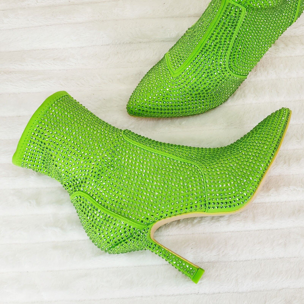 Stunning Fuchsia Bright Green Lime Stretch Rhinestone Ankle Boots 3.5" Heels New - Totally Wicked Footwear