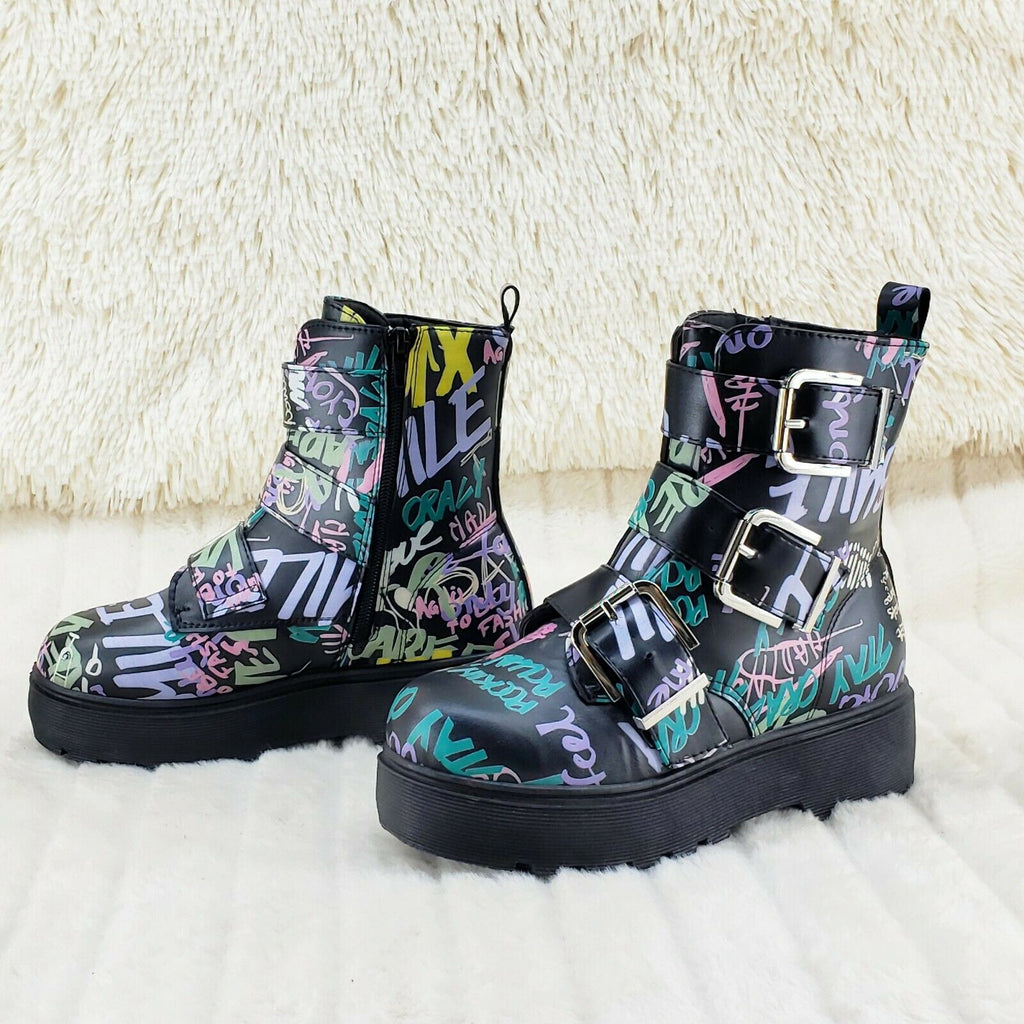 Graffiti Print Platform Combat Rave Festival Ankle Boots - Totally Wicked Footwear