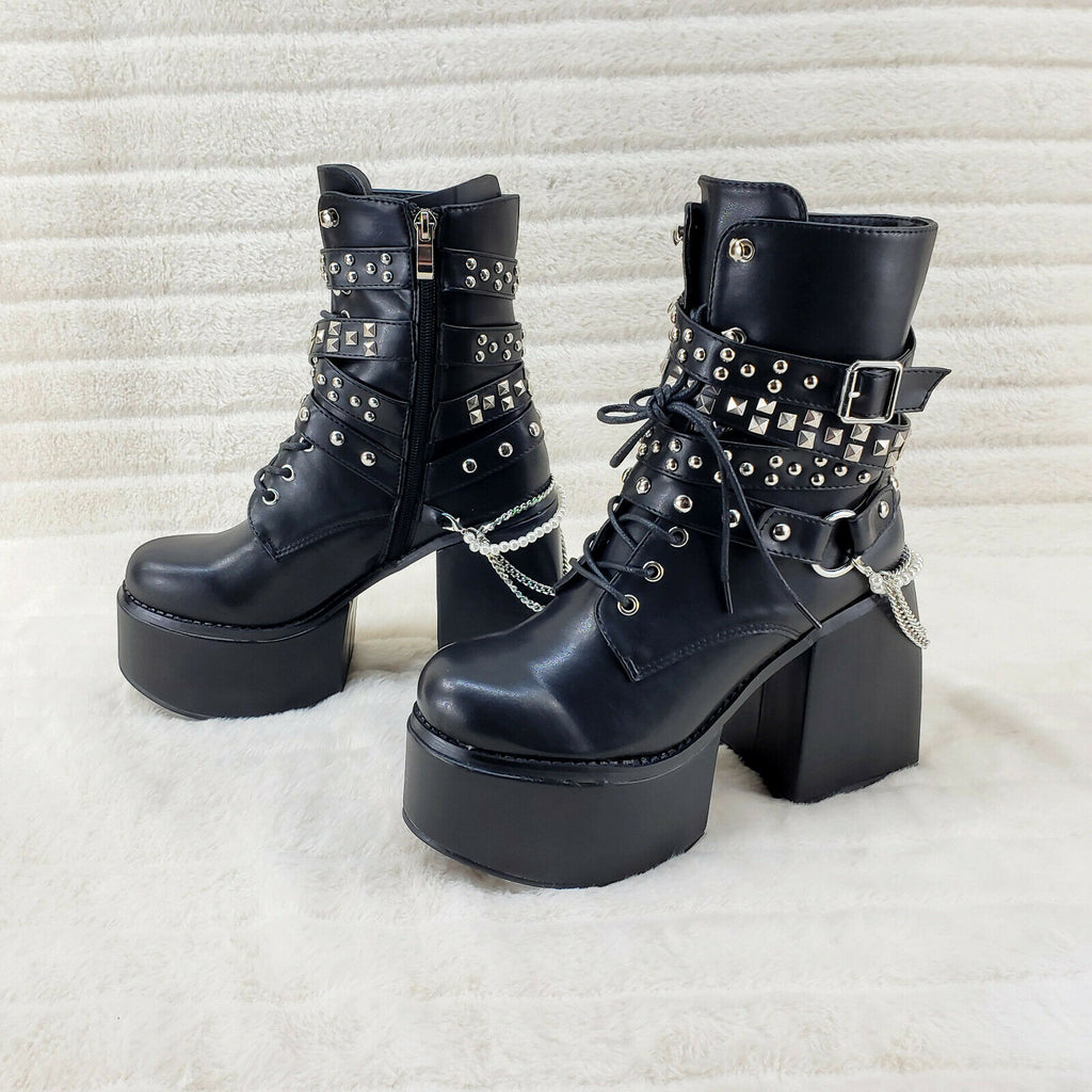 Ocho Black Ice Multipile Strap Platform Chunky Block Heel Ankle Boots - Totally Wicked Footwear