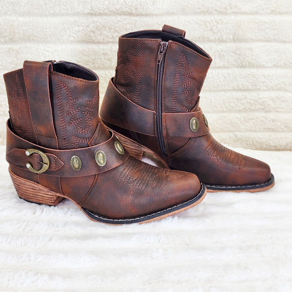 Wild West Brown Distressed Western Cowgirl Pull On Ankle Boots - Totally Wicked Footwear