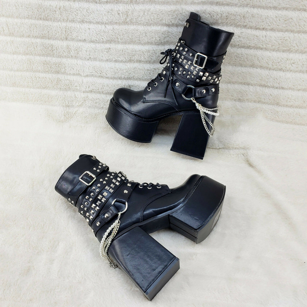 Ocho Black Ice Multipile Strap Platform Chunky Block Heel Ankle Boots - Totally Wicked Footwear