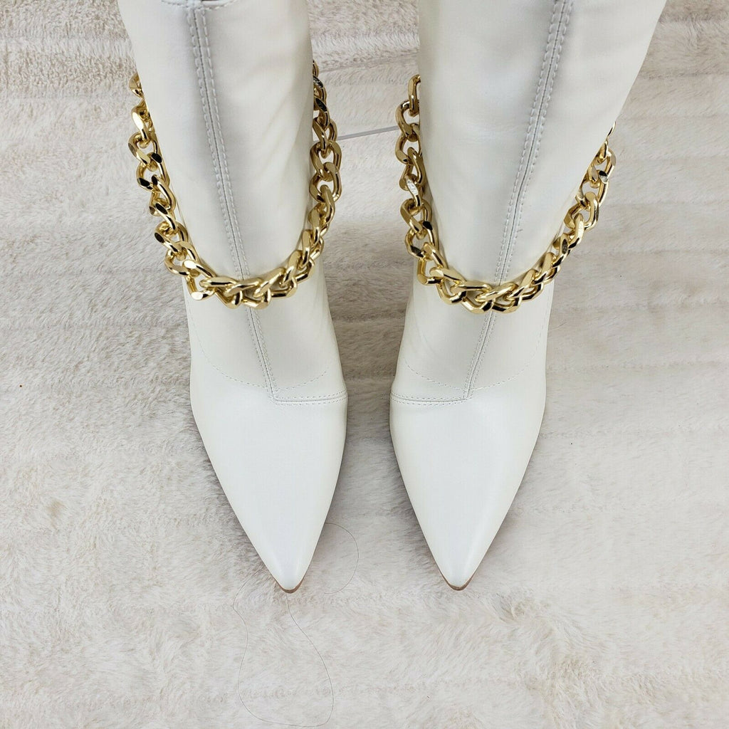 Venomous White Pointy Toe Spike Stiletto Heel Ankle Boots Gold Tone Chain - Totally Wicked Footwear