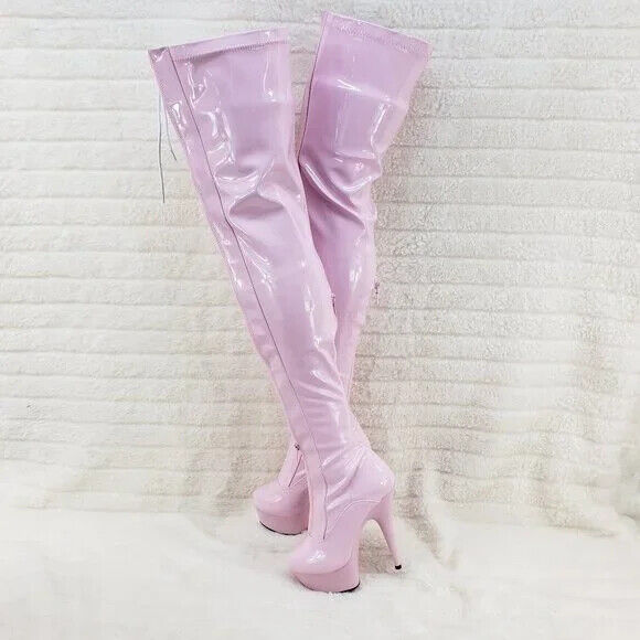 Baby Pink White Patent Platform Thigh High Heel Front Zipper Lace up Boots 3027 - Totally Wicked Footwear