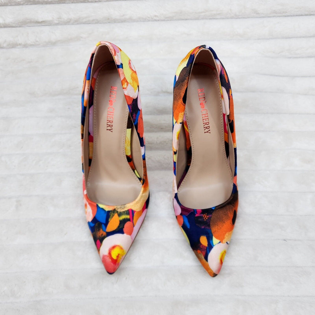 Red Cherry Orange Floral Pointy Toe Pump Shoe 4.5" Stiletto High Heels - Totally Wicked Footwear