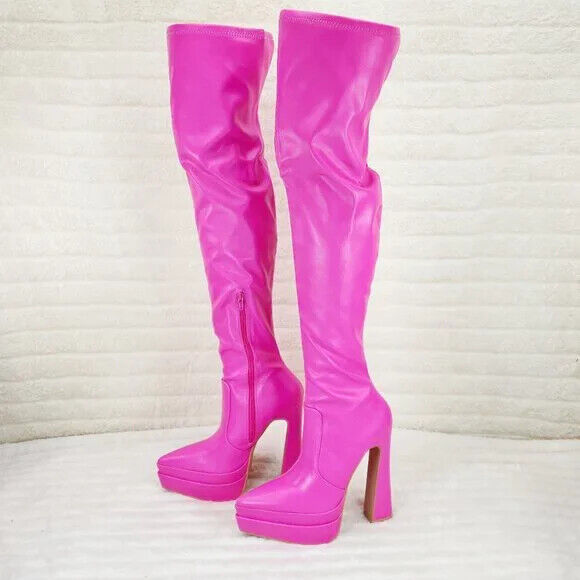 Delicious Hot Pink Fuchsia Pointy Toe Platform High Heel Stretch Thigh Boots - Totally Wicked Footwear