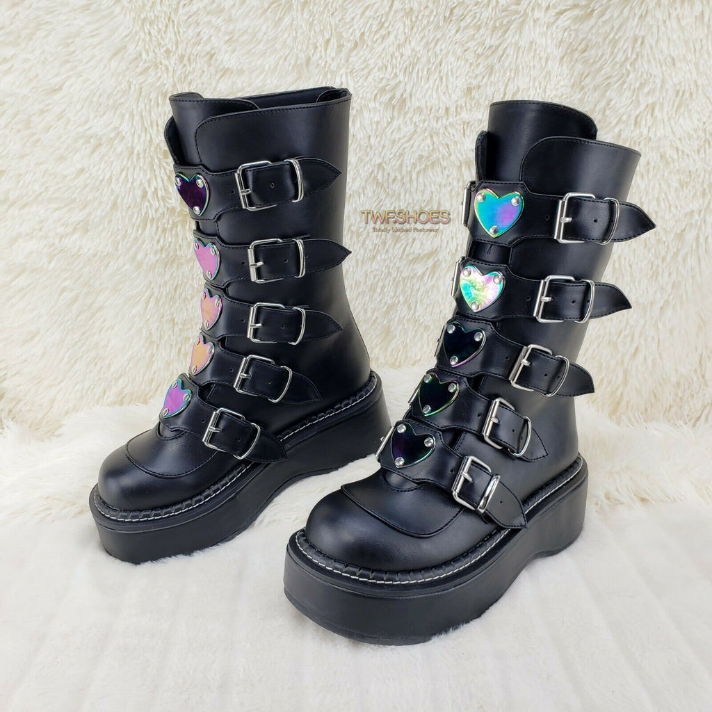Demonia Emily 330 Black Matte 2" Platform Metal Heart Plate Combat Boots 6-12 NY - Totally Wicked Footwear