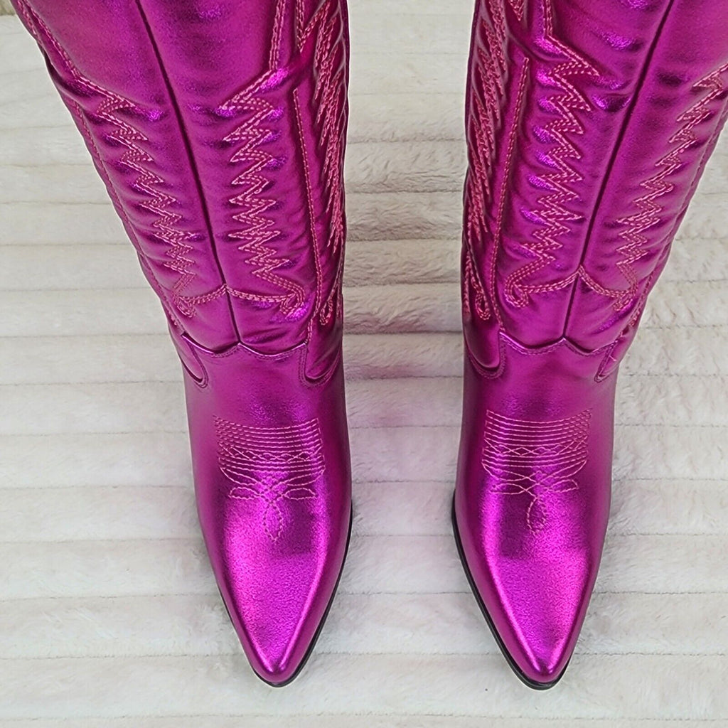 Disco Cowgirl Metallic Hot Pink Cowboy Knee Boots Western Block Heels US Sizes - Totally Wicked Footwear