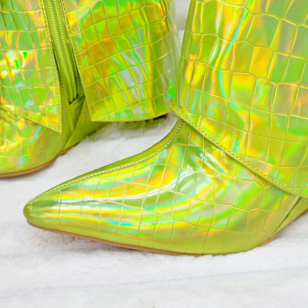 Vision Lime Yellow Hologram Wedge Heel Fold Over Skirted Ankle Boots - Totally Wicked Footwear