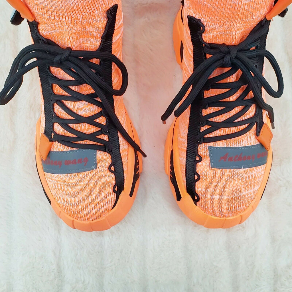 Wang Damson Pull On Knit Platform Sneaker Boots 4" Hidden Wedge Orange Knit - Totally Wicked Footwear