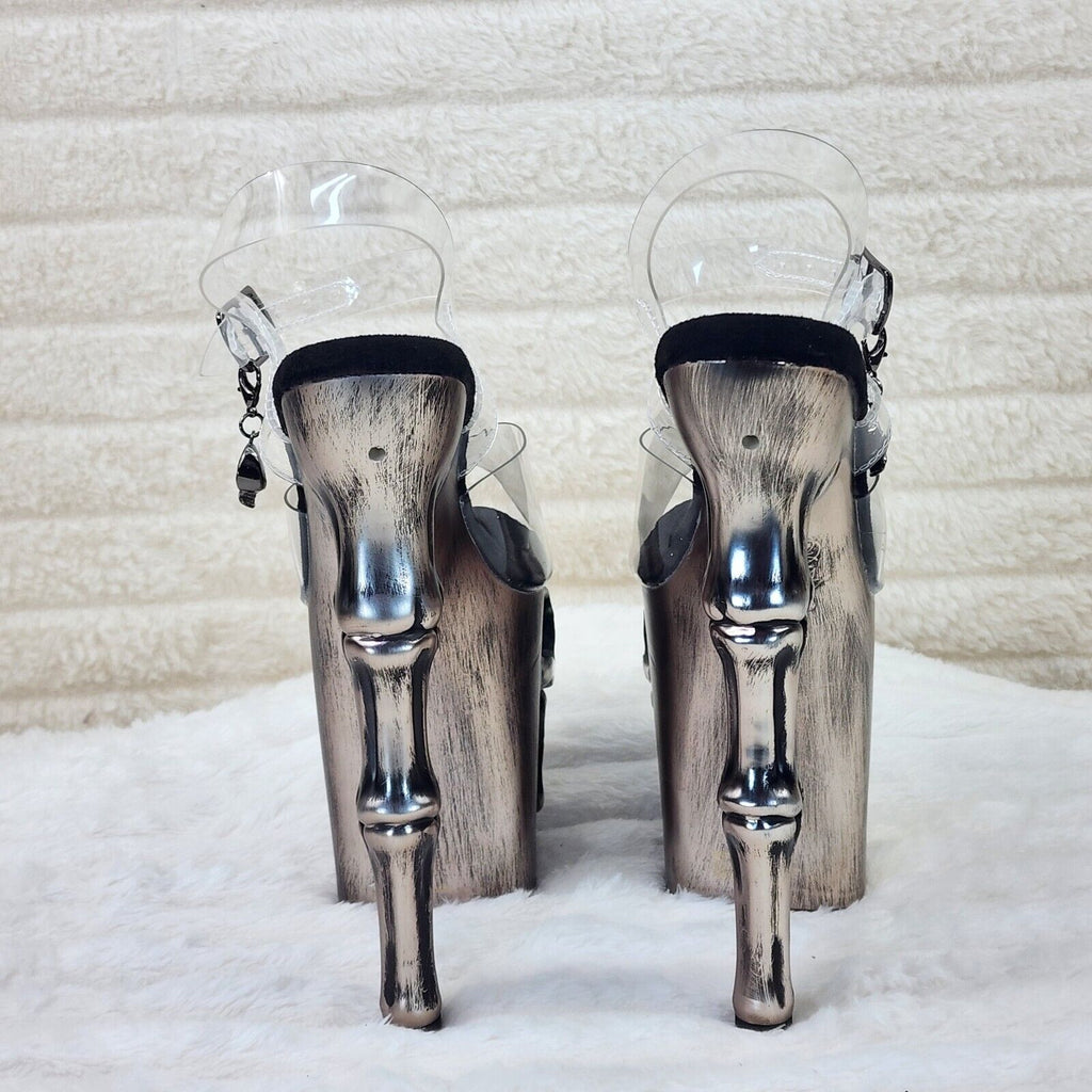 Rapture Clear Pewter Skull & Bones LED 8" High Heel Platform Shoes 5-10 NY - Totally Wicked Footwear
