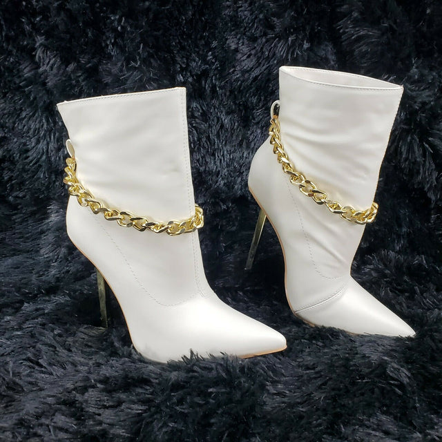 Venomous White Pointy Toe Spike Stiletto Heel Ankle Boots Gold Tone Chain - Totally Wicked Footwear