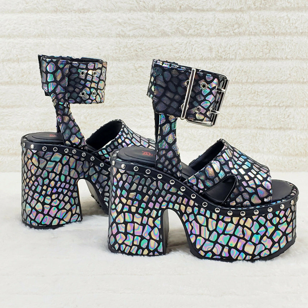 Camel 102 Stacked Black Hologram Platform Sandals Goth Punk 6-12 NY Demonia - Totally Wicked Footwear