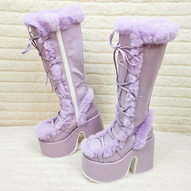 Demonia 311 Camel Stacked Pastel Purple Lilac Platform Goth Punk Knee Boots NY - Totally Wicked Footwear