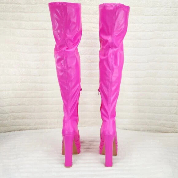 Delicious Hot Pink Fuchsia Pointy Toe Platform High Heel Stretch Thigh Boots - Totally Wicked Footwear