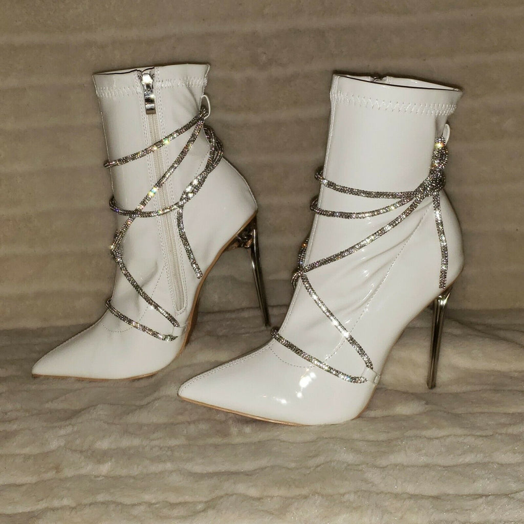 Destiny White Stretch Patent Cable Rhinestone Strap High Heel Ankle Boots - Totally Wicked Footwear