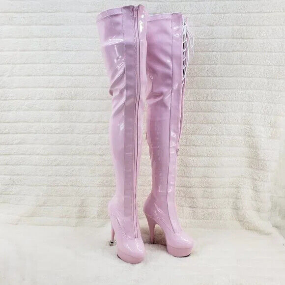 Baby Pink White Patent Platform Thigh High Heel Front Zipper Lace up Boots 3027 - Totally Wicked Footwear