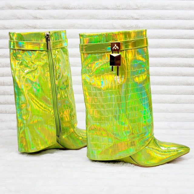 Vision Lime Yellow Hologram Wedge Heel Fold Over Skirted Ankle Boots - Totally Wicked Footwear