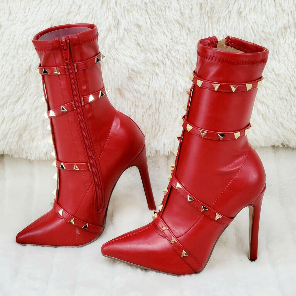 Mark Pyramid Stud Strap High Heel Pointy Toe Stretch Ankle Boots Red - Totally Wicked Footwear