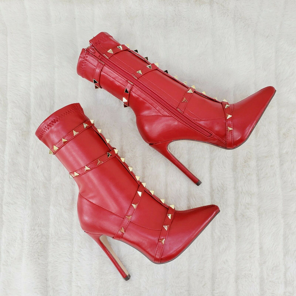 Mark Pyramid Stud Strap High Heel Pointy Toe Stretch Ankle Boots Red - Totally Wicked Footwear