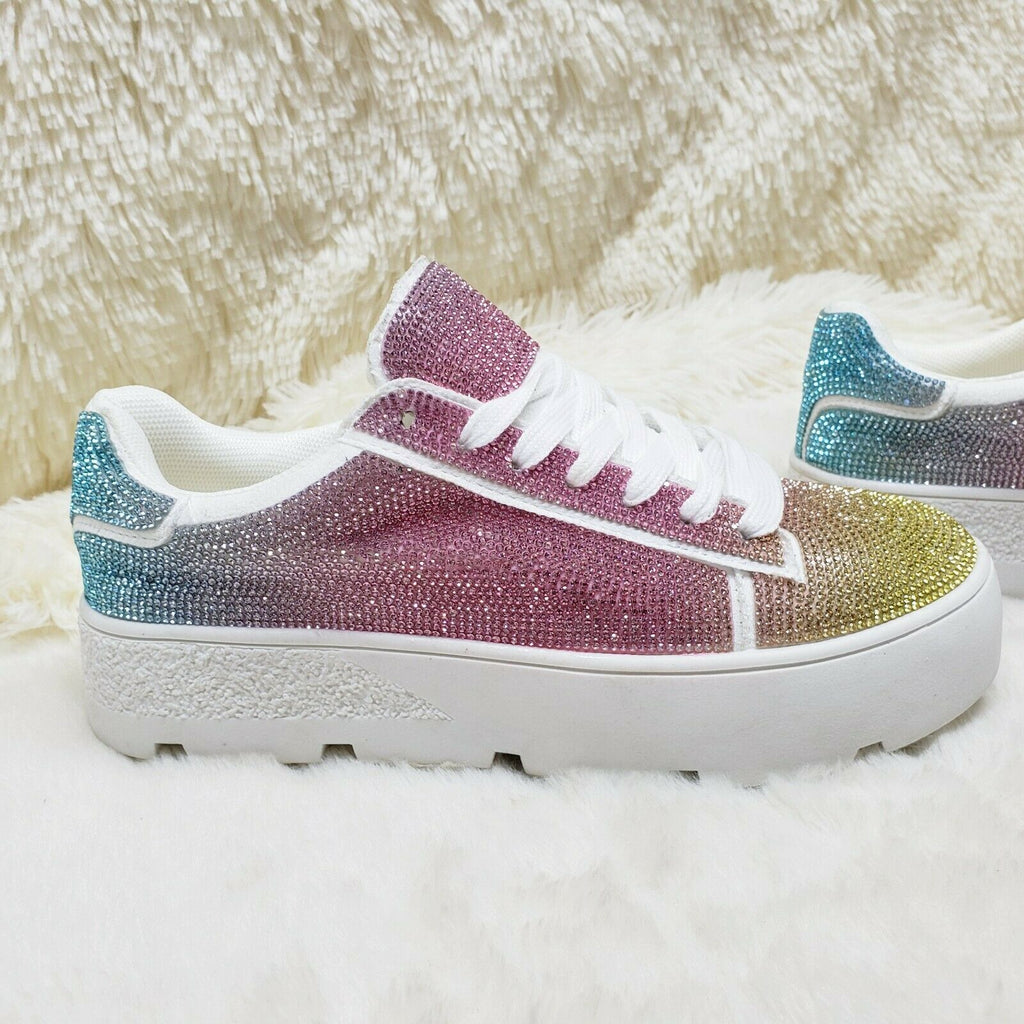 CR Diamond Queen Pastel Ombre Rhinestone Lace Up Platform Bling Sneakers - Totally Wicked Footwear