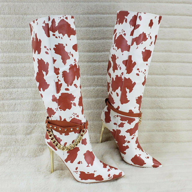 Eva Tan & White Cow Print Leatherette Gold Tone High Heel & Chain Knee Boots - Totally Wicked Footwear