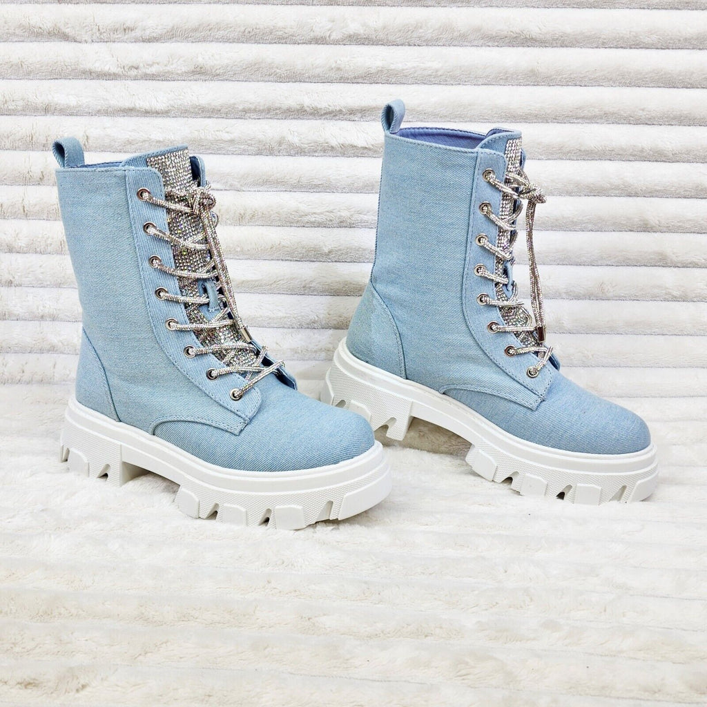 Rowan Denim Combat Ankle Boots Iridescent Rhinestone Tongue and Rope Laces - Totally Wicked Footwear